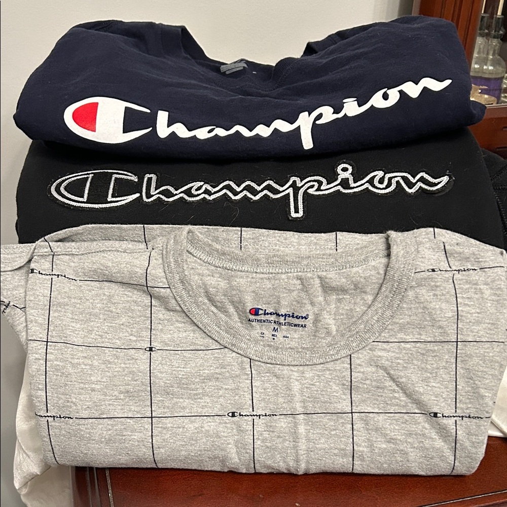 Champion Logo lot in Blue M, Black L, and Gray M